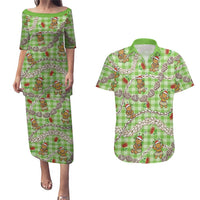 Green Palaka Hawaii Mele Kalikimaka Couples Matching Puletasi and Hawaiian Shirt Ohia Lehua Shell Leis Funny Gingerbread Santa - Polynesian Pride