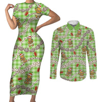 Green Palaka Hawaii Mele Kalikimaka Couples Matching Short Sleeve Bodycon Dress and Long Sleeve Button Shirt Ohia Lehua Shell Leis Funny Gingerbread Santa - Polynesian Pride