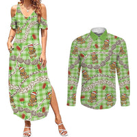 Green Palaka Hawaii Mele Kalikimaka Couples Matching Summer Maxi Dress and Long Sleeve Button Shirt Ohia Lehua Shell Leis Funny Gingerbread Santa - Polynesian Pride
