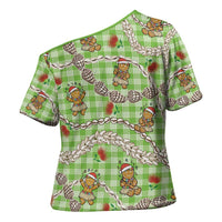 Green Palaka Hawaii Mele Kalikimaka Cross Shoulder Shirt Ohia Lehua Shell Leis Funny Gingerbread Santa - Polynesian Pride