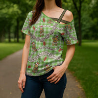 Green Palaka Hawaii Mele Kalikimaka Cross Shoulder Shirt Ohia Lehua Shell Leis Funny Gingerbread Santa - Polynesian Pride