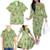 Green Palaka Hawaii Mele Kalikimaka Family Matching Off The Shoulder Long Sleeve Dress and Hawaiian Shirt Ohia Lehua Shell Leis Funny Gingerbread Santa LT14 - Polynesian Pride
