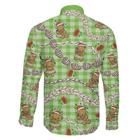 Green Palaka Hawaii Mele Kalikimaka Family Matching Off The Shoulder Long Sleeve Dress and Hawaiian Shirt Ohia Lehua Shell Leis Funny Gingerbread Santa LT14 - Polynesian Pride