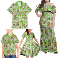 Green Palaka Hawaii Mele Kalikimaka Family Matching Off Shoulder Maxi Dress and Hawaiian Shirt Ohia Lehua Shell Leis Funny Gingerbread Santa LT14 - Polynesian Pride