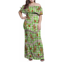 Green Palaka Hawaii Mele Kalikimaka Family Matching Off Shoulder Maxi Dress and Hawaiian Shirt Ohia Lehua Shell Leis Funny Gingerbread Santa - Polynesian Pride