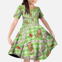 Green Palaka Hawaii Mele Kalikimaka Family Matching Off Shoulder Short Dress and Hawaiian Shirt Ohia Lehua Shell Leis Funny Gingerbread Santa LT14 Daughter's Dress Green - Polynesian Pride