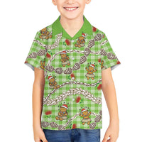 Green Palaka Hawaii Mele Kalikimaka Kid Hawaiian Shirt Ohia Lehua Shell Leis Funny Gingerbread Santa - Polynesian Pride