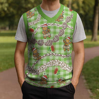 Green Palaka Hawaii Mele Kalikimaka Christmas Knitted V-Neck Vest Ohia Lehua Shell Leis Funny Gingerbread Santa - Polynesian Pride