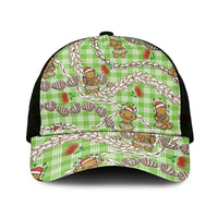 Green Palaka Hawaii Mele Kalikimaka Mesh Trucker Cap Ohia Lehua Shell Leis Funny Gingerbread Santa - Polynesian Pride
