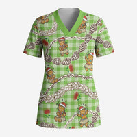 Green Palaka Hawaii Mele Kalikimaka Scrub Top Ohia Lehua Shell Leis Funny Gingerbread Santa - Polynesian Pride