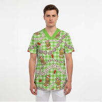 Green Palaka Hawaii Mele Kalikimaka Scrub Top Ohia Lehua Shell Leis Funny Gingerbread Santa - Polynesian Pride