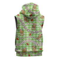 Green Palaka Hawaii Mele Kalikimaka Sleeveless Zip Hoodie Ohia Lehua Shell Leis Funny Gingerbread Santa - Polynesian Pride