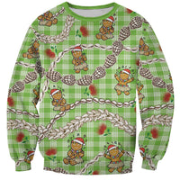 Green Palaka Hawaii Mele Kalikimaka Sweatshirt Ohia Lehua Shell Leis Funny Gingerbread Santa - Polynesian Pride