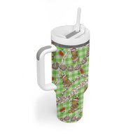 Green Palaka Hawaii Mele Kalikimaka Tumbler With Handle Ohia Lehua Shell Leis Funny Gingerbread Santa - Polynesian Pride