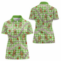 Green Palaka Hawaii Mele Kalikimaka Women Polo Shirt Ohia Lehua Shell Leis Funny Gingerbread Santa - Polynesian Pride