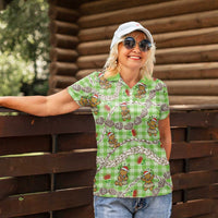 Green Palaka Hawaii Mele Kalikimaka Women Polo Shirt Ohia Lehua Shell Leis Funny Gingerbread Santa - Polynesian Pride