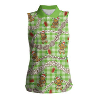 Green Palaka Hawaii Mele Kalikimaka Women Sleeveless Polo Shirt Ohia Lehua Shell Leis Funny Gingerbread Santa - Polynesian Pride