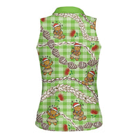 Green Palaka Hawaii Mele Kalikimaka Women Sleeveless Polo Shirt Ohia Lehua Shell Leis Funny Gingerbread Santa - Polynesian Pride