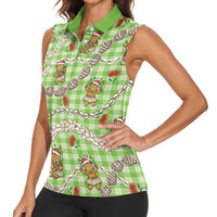 Green Palaka Hawaii Mele Kalikimaka Women Sleeveless Polo Shirt Ohia Lehua Shell Leis Funny Gingerbread Santa - Polynesian Pride