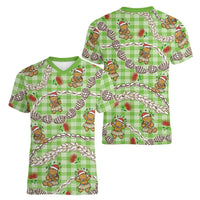 Green Palaka Hawaii Mele Kalikimaka Women V-Neck T-Shirt Ohia Lehua Shell Leis Funny Gingerbread Santa - Polynesian Pride