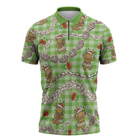 Green Palaka Hawaii Mele Kalikimaka Zipper Polo Shirt Ohia Lehua Shell Leis Funny Gingerbread Santa - Polynesian Pride