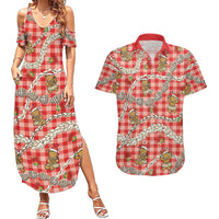 Red Palaka Hawaii Mele Kalikimaka Couples Matching Summer Maxi Dress and Hawaiian Shirt Ohia Lehua Shell Leis Funny Gingerbread Santa - Polynesian Pride