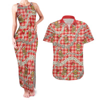 Red Palaka Hawaii Mele Kalikimaka Couples Matching Tank Maxi Dress and Hawaiian Shirt Ohia Lehua Shell Leis Funny Gingerbread Santa - Polynesian Pride