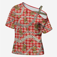 Red Palaka Hawaii Mele Kalikimaka Cross Shoulder Shirt Ohia Lehua Shell Leis Funny Gingerbread Santa - Polynesian Pride