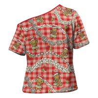 Red Palaka Hawaii Mele Kalikimaka Cross Shoulder Shirt Ohia Lehua Shell Leis Funny Gingerbread Santa LT14 - Polynesian Pride