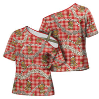 Red Palaka Hawaii Mele Kalikimaka Cross Shoulder Shirt Ohia Lehua Shell Leis Funny Gingerbread Santa LT14 - Polynesian Pride