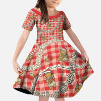 Red Palaka Hawaii Mele Kalikimaka Family Matching Off The Shoulder Long Sleeve Dress and Hawaiian Shirt Ohia Lehua Shell Leis Funny Gingerbread Santa LT14 Daughter's Dress Red - Polynesian Pride