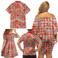 Red Palaka Hawaii Mele Kalikimaka Family Matching Off Shoulder Short Dress and Hawaiian Shirt Ohia Lehua Shell Leis Funny Gingerbread Santa LT14 - Polynesian Pride