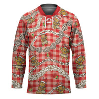 Red Palaka Hawaii Mele Kalikimaka Hockey Jersey Ohia Lehua Shell Leis Funny Gingerbread Santa - Polynesian Pride