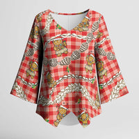 Red Palaka Hawaii Mele Kalikimaka Kimono Sleeve Blouse Ohia Lehua Shell Leis Funny Gingerbread Santa - Polynesian Pride