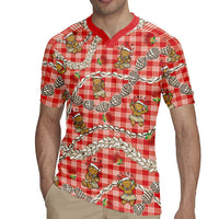 Red Palaka Hawaii Mele Kalikimaka Rugby Jersey Ohia Lehua Shell Leis Funny Gingerbread Santa - Polynesian Pride
