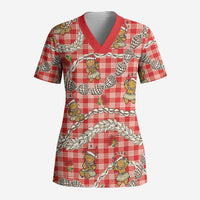 Red Palaka Hawaii Mele Kalikimaka Scrub Top Ohia Lehua Shell Leis Funny Gingerbread Santa - Polynesian Pride