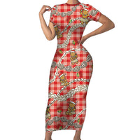 Red Palaka Hawaii Mele Kalikimaka Short Sleeve Bodycon Dress Ohia Lehua Shell Leis Funny Gingerbread Santa LT14 Long Dress Red - Polynesian Pride