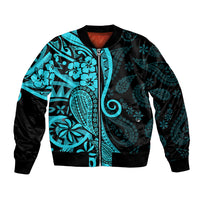 Polynesia Paisley Bomber Jacket Polynesian With Tropical Flowers - Turquoise LT14 Unisex Turquoise - Polynesian Pride