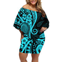 Polynesia Paisley Family Matching Off Shoulder Short Dress and Hawaiian Shirt Polynesian With Tropical Flowers - Turquoise LT14 Mom's Dress Turquoise - Polynesian Pride