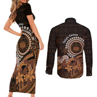 Talofa Samoa Couples Matching Short Sleeve Bodycon Dress and Long Sleeve Button Shirt Samoan Kava Bowl Siapo Pattern - Brown LT14 - Polynesian Pride