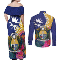 Nauru Independence Day Couples Matching Off Shoulder Maxi Dress and Long Sleeve Button Shirt Coat Of Arms With Tropical Flowers