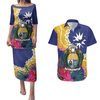 Nauru Independence Day Couples Matching Puletasi and Hawaiian Shirt Coat Of Arms With Tropical Flowers