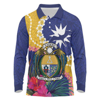 Nauru Independence Day Long Sleeve Polo Shirt Coat Of Arms With Tropical Flowers LT14 Blue - Polynesian Pride