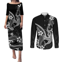 Black Aloha Hawaii Couples Matching Puletasi and Long Sleeve Button Shirt Polynesian Shark Tattoo With Plumeria LT14 Black - Polynesian Pride