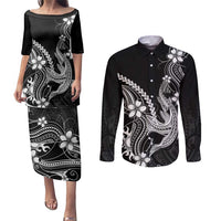 Black Aloha Hawaii Couples Matching Puletasi and Long Sleeve Button Shirt Polynesian Shark Tattoo With Plumeria - Polynesian Pride