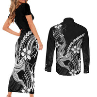 Black Aloha Hawaii Couples Matching Short Sleeve Bodycon Dress and Long Sleeve Button Shirt Polynesian Shark Tattoo With Plumeria LT14 - Polynesian Pride