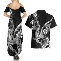 Black Aloha Hawaii Couples Matching Summer Maxi Dress and Hawaiian Shirt Polynesian Shark Tattoo With Plumeria LT14 - Polynesian Pride