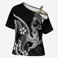 Black Aloha Hawaii Cross Shoulder Shirt Polynesian Shark Tattoo With Plumeria - Polynesian Pride