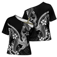 Black Aloha Hawaii Cross Shoulder Shirt Polynesian Shark Tattoo With Plumeria - Polynesian Pride