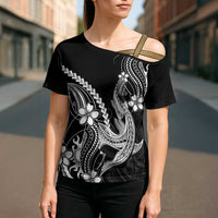 Black Aloha Hawaii Cross Shoulder Shirt Polynesian Shark Tattoo With Plumeria - Polynesian Pride